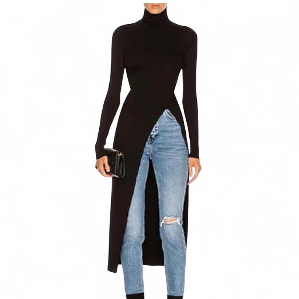 UOOZEE Simple Skinny Split-Side Black High-Neck T-Shirt Secy Chic Long Top